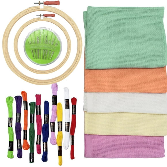 Kit de Broderie, Kit Complet pour Débutants, Comprend 2 Anneaux en Bois, 5 Tissus Mats (16x20), Fils x10