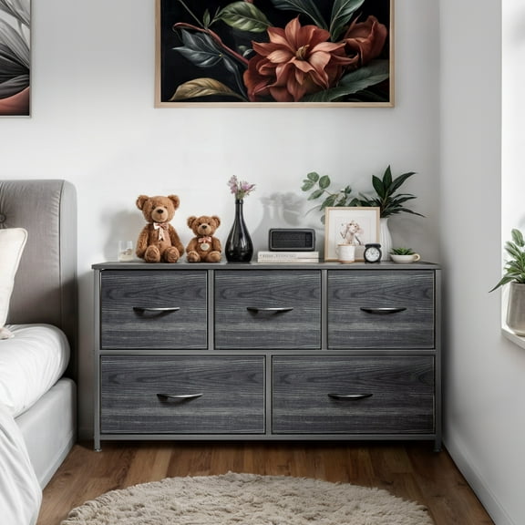 Wooflex 5-Drawer Fabric Dresser Organizer for Adults, Bedroom Storage with Wood Top, Black Grain