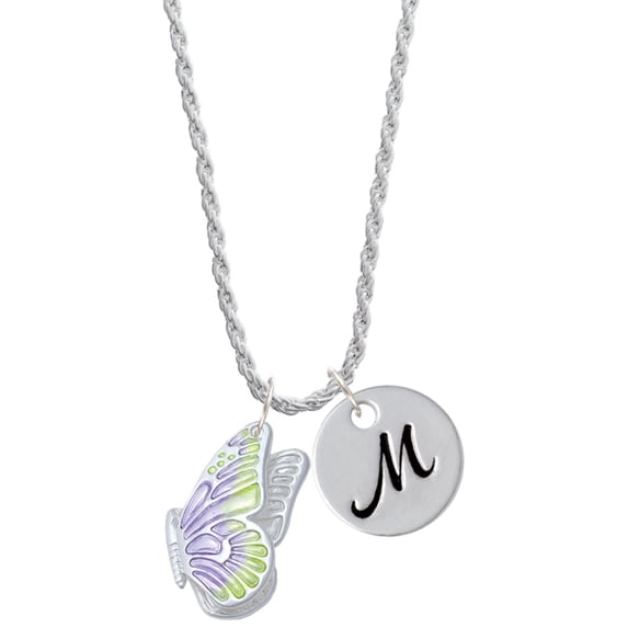 Delight Jewelry Silvertone Large Translucent Purple & Lime Green Flying Butterfly Silvertone Script Initial Disc - M - Charm Necklace, 20"+3"