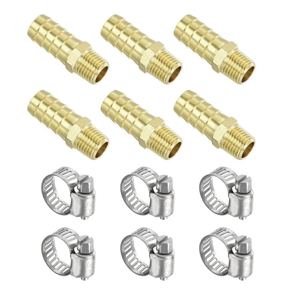 Uxcell Brass Hose Barb Fittings 6 Pack 1/2" Barb x 1/4" NPT Male Brass Barb Pipe Fitting with Hose Clamps