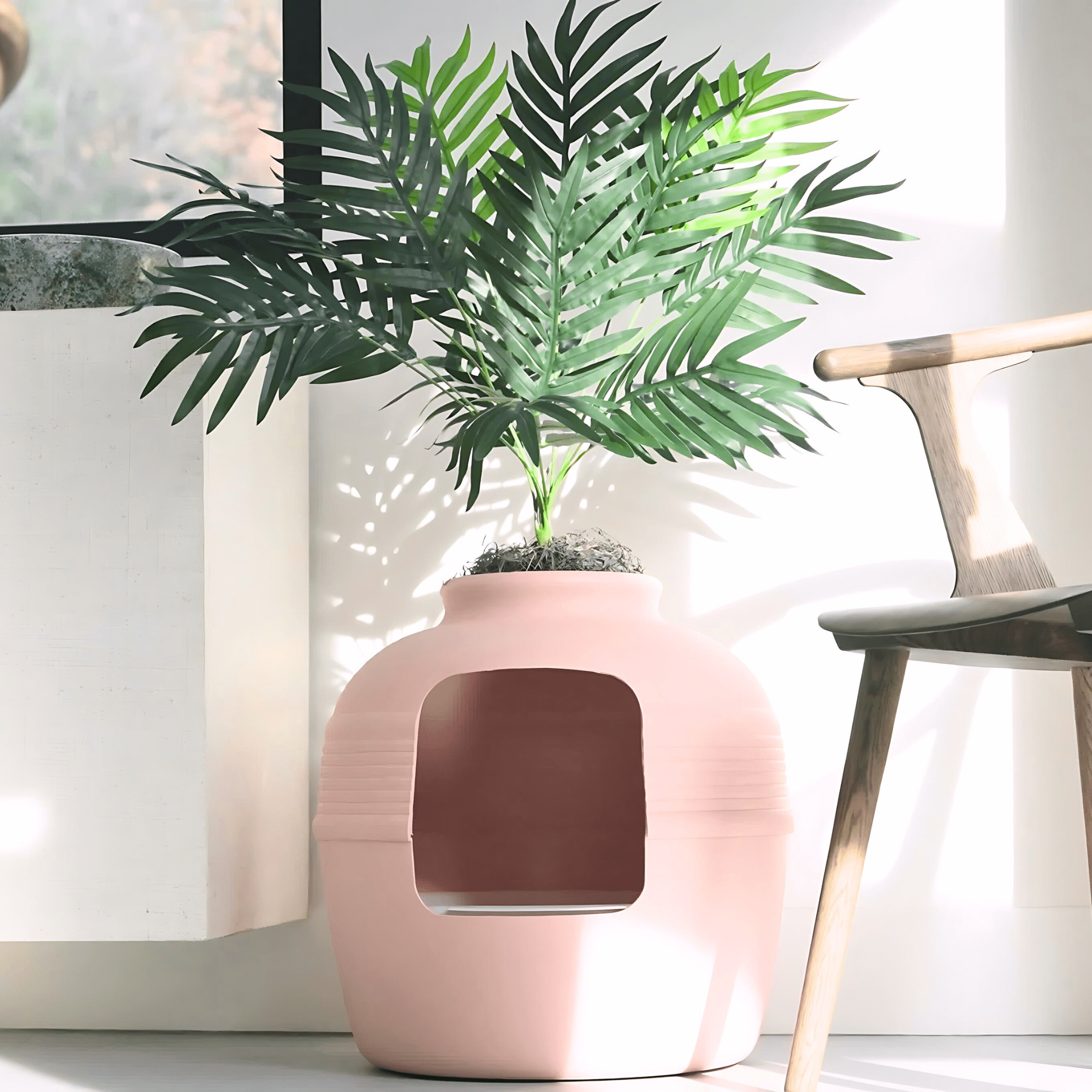 Good Pet Stuff Hidden Cat Litter Box Enclosure with Artificial Plant, Odor Filter System, Reusable Tray, Original Round Planter, Essentials Kit, Pink
