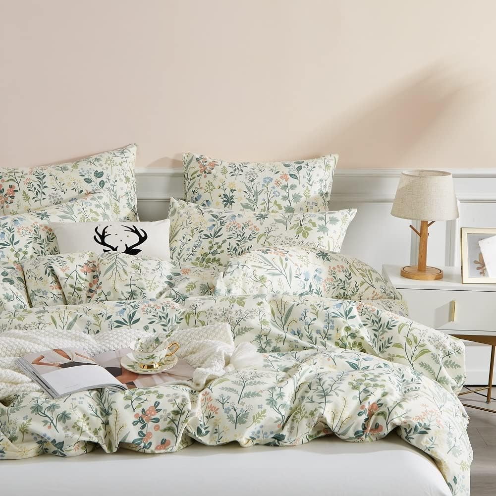 Boho Floral Duvet Cover Green Botanical Bedding Set with Colorful Flower Print Pattern Soft Microfiber Comforter Cover