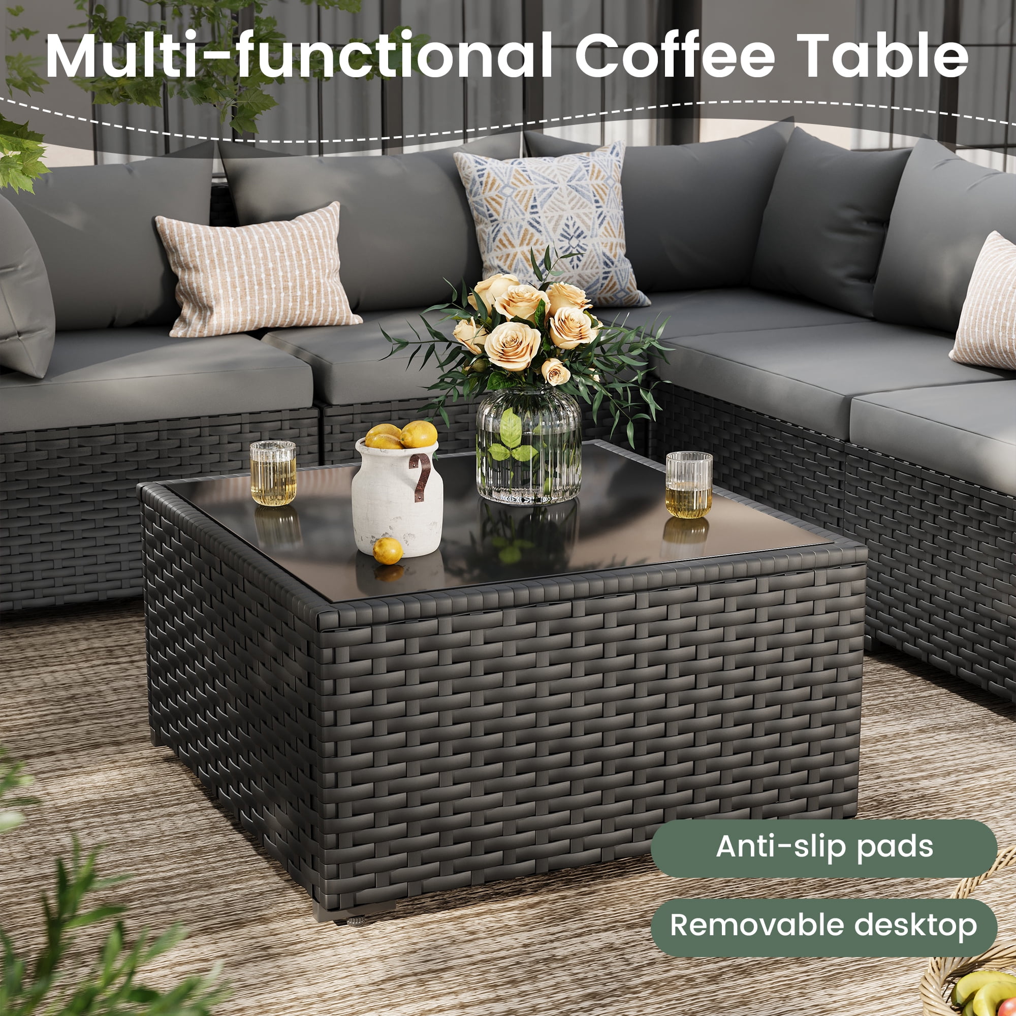 POTEBAN 5 Pieces Patio Conversation Set, Outdoor Black PE Wicker Sectional Sofa for Backyard Garden, Grey