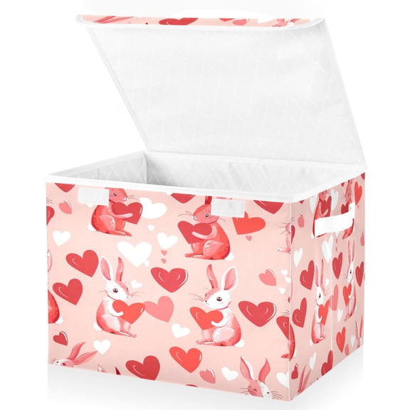 Yayeee Collapsible Cube Storage Bin with Lid Fabric Closet Decorative Basket with Handles, Bunnies and Hearts