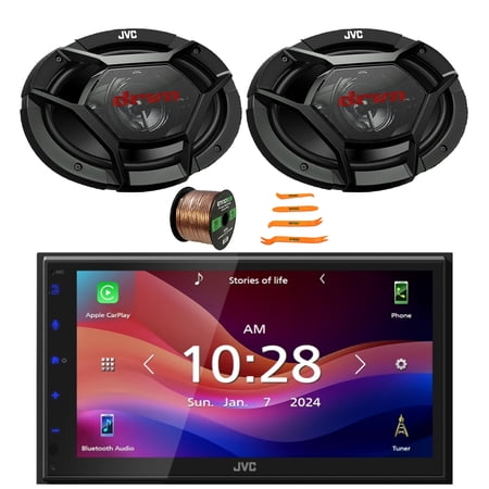 JVC KW-M690BW 6.8" Capacitive Monitor Single DIN Bluetooth USB/MP3 Player Shallow Chassis Multimedia Digital Media Receiver, 2x 6x9" 500W Max Power 3-Way Coaxial Speakers, Speaker Wire, Pry Tool Set