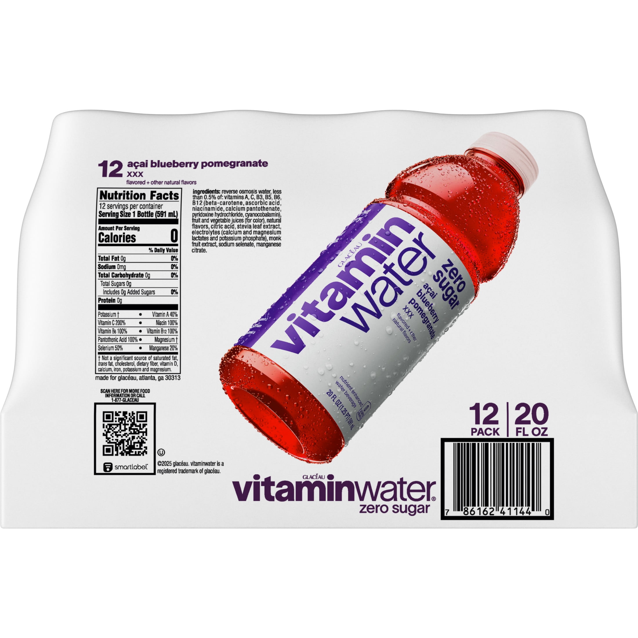vitaminwater XXX Zero Sugar Acai-Blueberry-Pomegranate Water Beverage Bottles, 20 fl oz, 12 Pack