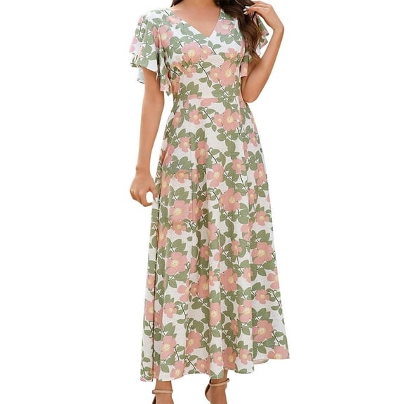 Levmjia Casual Dresses For Women Summer V Neck Floral Loose Fit Short Sleeve Cotton Comfortable Beach Vacation Work Office Multi Colors Available