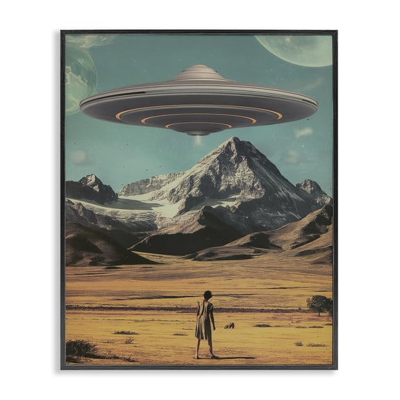 Stupell Industries Woman with Overhead UFO Fantasy & Sci-Fi Painting Black Framed Art Print Wall Art, 11 x 14