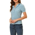 thumbnail image 4 of INSPIRE CHIC Women's Blouses Peter Pan Collar Puff Short Sleeves Ruffle Plaid Shirt Tops XS Blue, 4 of 7