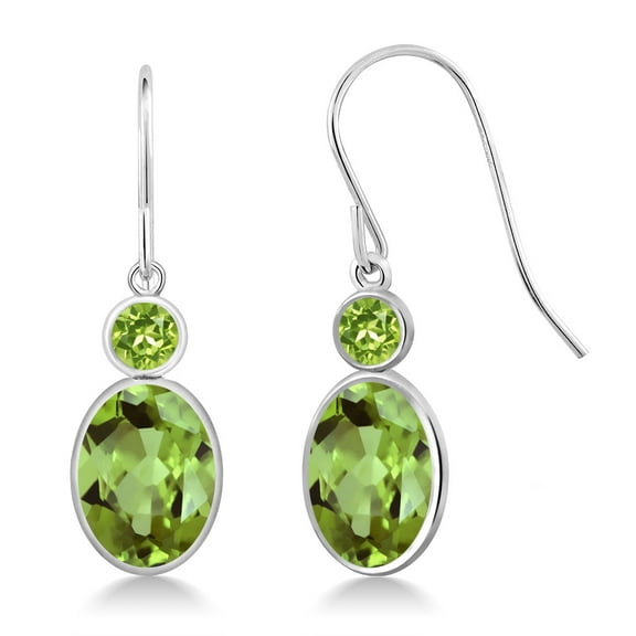 Gem Stone King 14K White Gold Green Peridot Hook French Fish Ear Wire Dangle Earrings for Women | 2.90 Cttw | Gemstone August Birthstone | Oval 8X6MM and Round 3MM