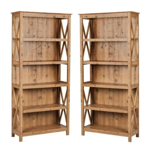Home Square 5-Shelf Transitional Wood Bookcase in Rustic Brown - Set of 2