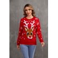 thumbnail image 3 of Suéter de punto navideño rojo para mujer, sudadera con cuello redondo, manga larga, patrón de dibujos animados de alce y copo de nieve, artículo nuevo de otoño 2024, 3 of 5