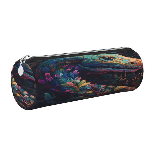 Easygdp Colorful Patterned Snake para Estuche de Lápices Cilíndrico de Cuero con Cremallera, Organizador de Lápices de Cuero para Escuela, Oficina y Viajes