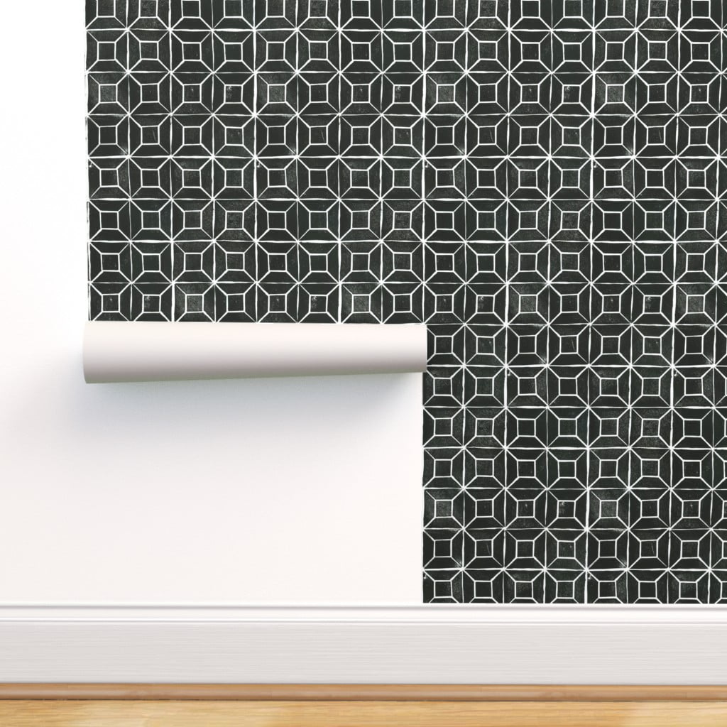 Removable Water-Activated Wallpaper Line Geometric Geo Black White 
