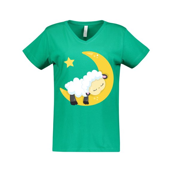 Inktastic Cute Sheep Sleeping On The Moon, White Sheep, Star Women's V-Neck T-Shirt
