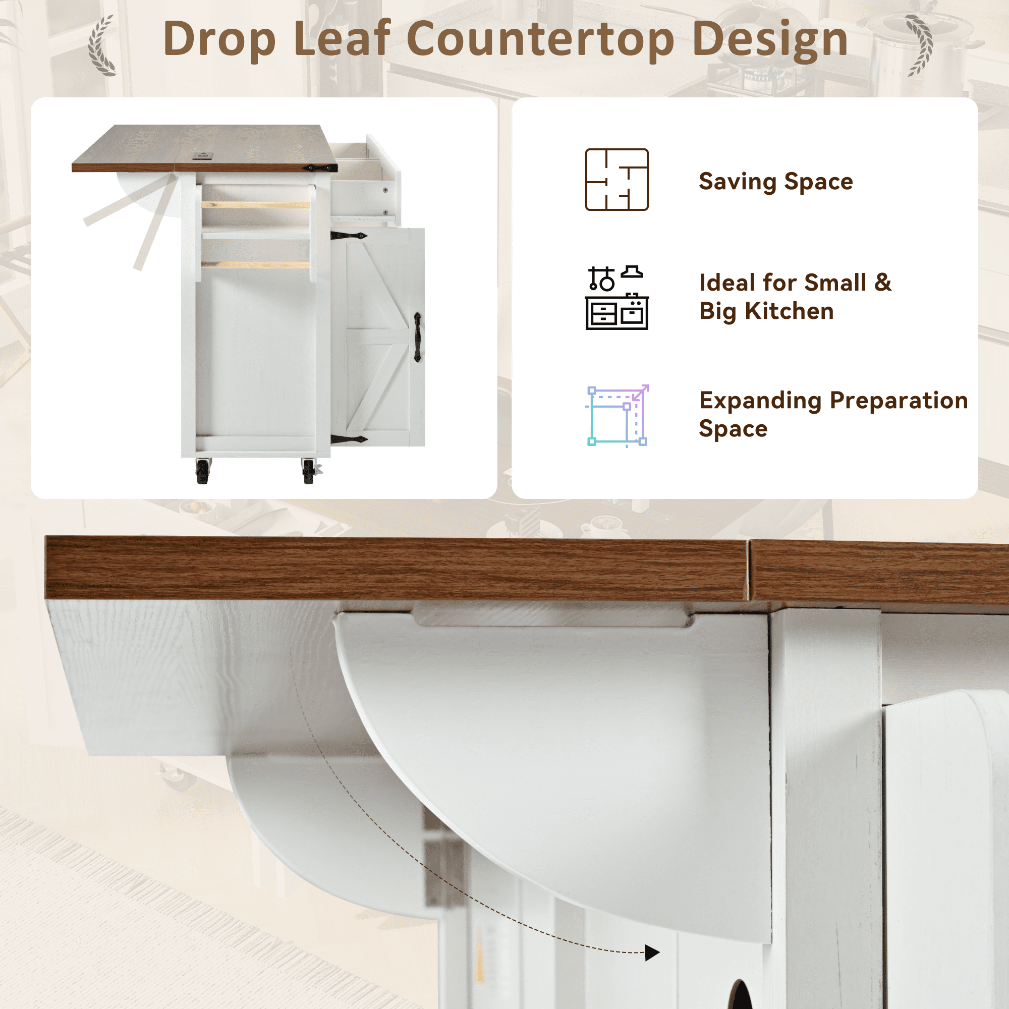 DTTRA 53.5'' Farmhouse Kitchen Island with Power Outlet, Kitchen Storage Island with Drop Leaf, Spice Rack and Drawer, Rolling Kitchen Cart on Wheels, for Home, Kitchen and Dining Room, White