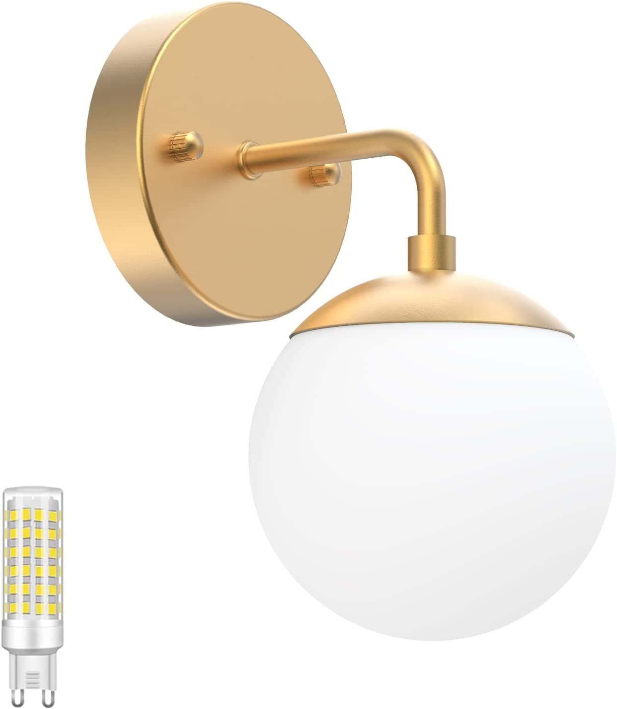 RGHJAR-Gold Wall Sconce 1 Light,Mid Century Modern Globe Wall Sconce, Gold Wall Light for Restaurant Living Room Bedside Stairs Bathroom Mirror(6000K G9 Bulbs Include)