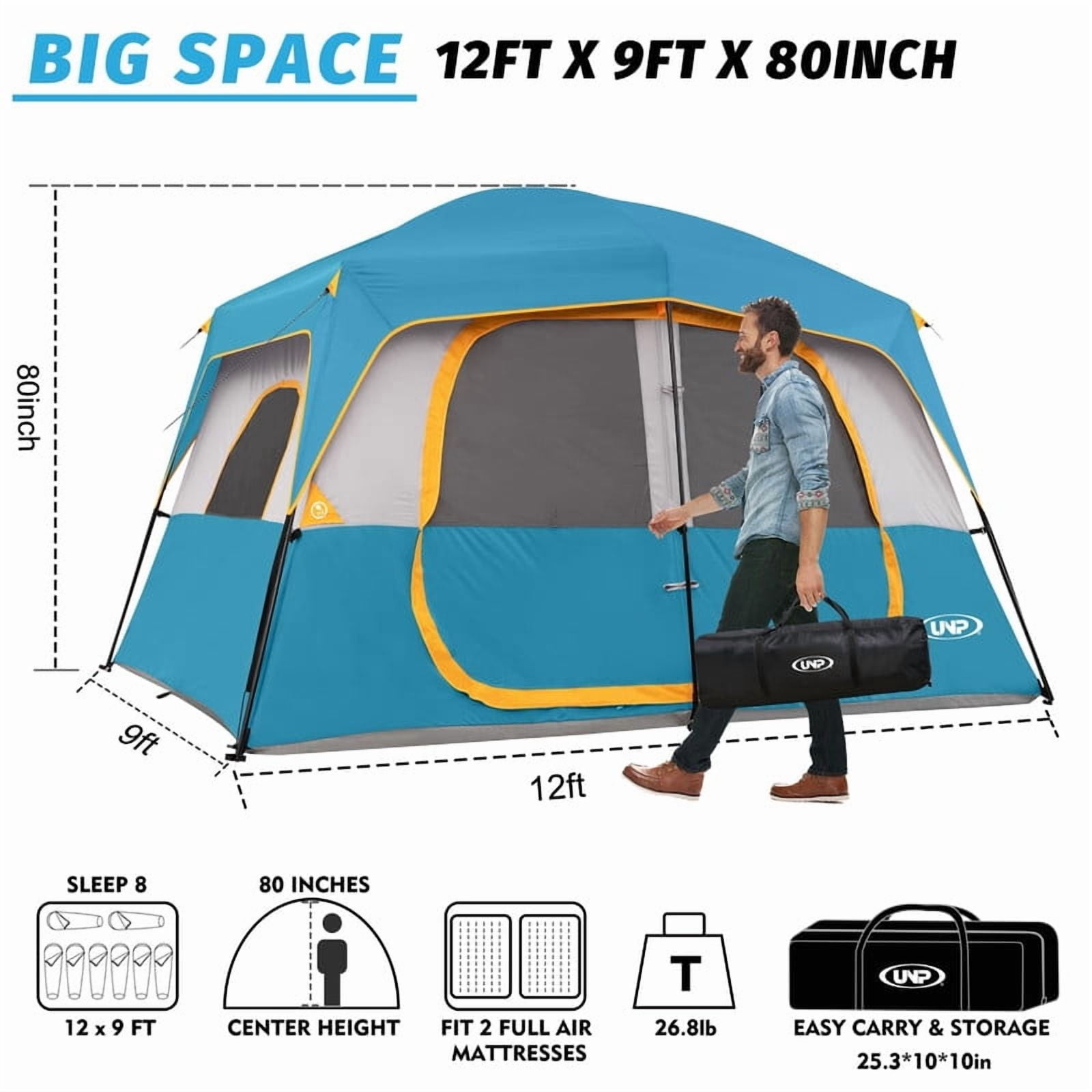 Camping Tent 8 Person, Waterproof Windproof Tent with Rainfly Easy Set up-Portable Dome Tents for Camping