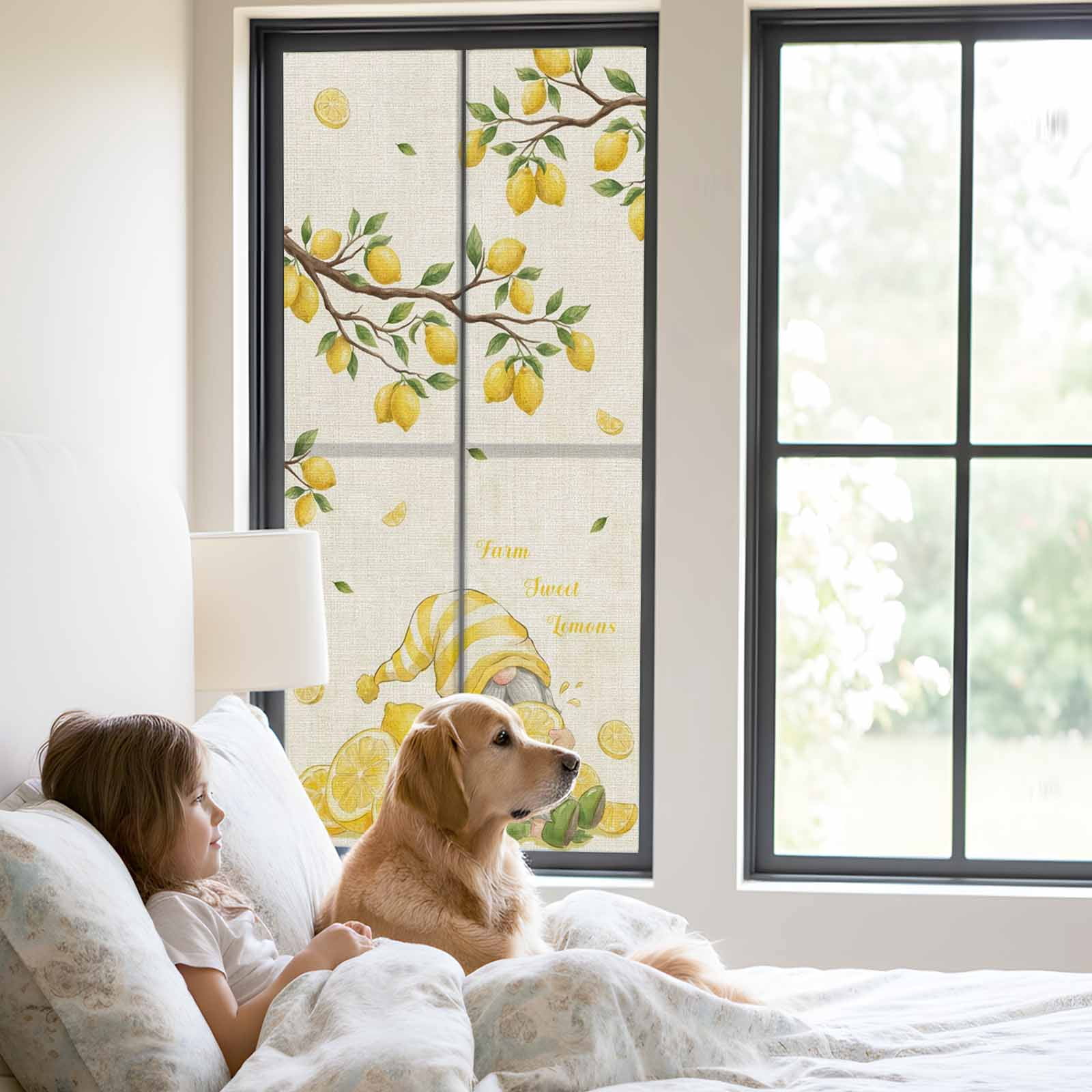 Summer Vintage Gnome Lemon Window Privacy Film, Country Farm Yellow Lemon Tree Leaf Frosted Glass Window Clings Static Cling UV Heat Blocking Reusable Door Sticker for Bathroom 23.6 x 59 Inch