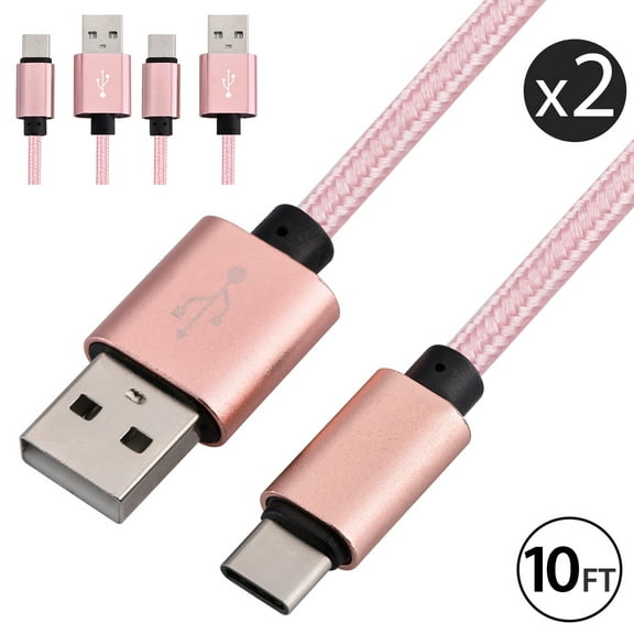 2x 10FT USB Type C Cable Fast Charging Cable USB-C Type-C 3.1 Data Sync Charger Cable Cord For Samsung Galaxy S10 S9 S9  Galaxy S8 S8 Plus Nexus 5X 6P OnePlus 2 3 LG G5 G6 V20 HTC M10 Google Pixel XL