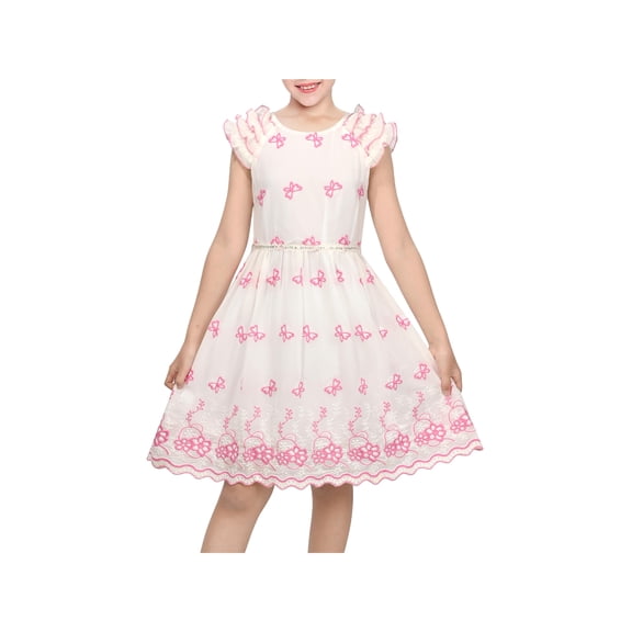 Sunny Fashion Girls White Dress Pink Floral Butterfly Embroidery Flutter Sleeves Scalloped Hem Girl Wedding Party Dress 4 Years