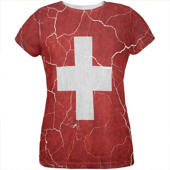 Distressed Swiss Flag All Over Womens T Shirt Multi LG