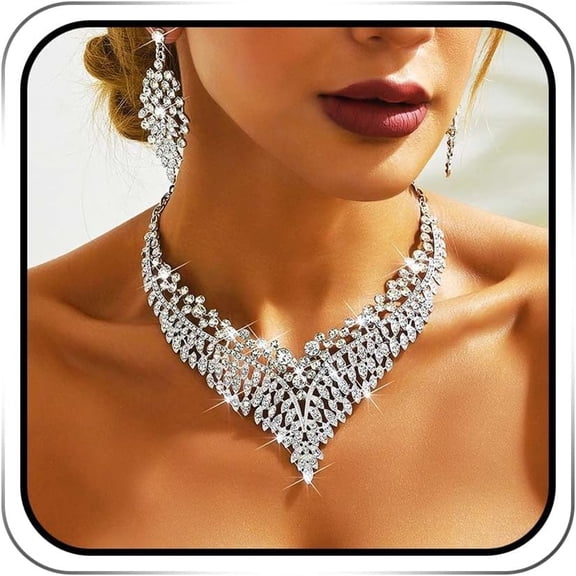 DESIGNICE Rhinestone Bride Wedding Jewelry Sets Prom Crystal Necklace and Earring Set Silver Bridal Jewelry for Women