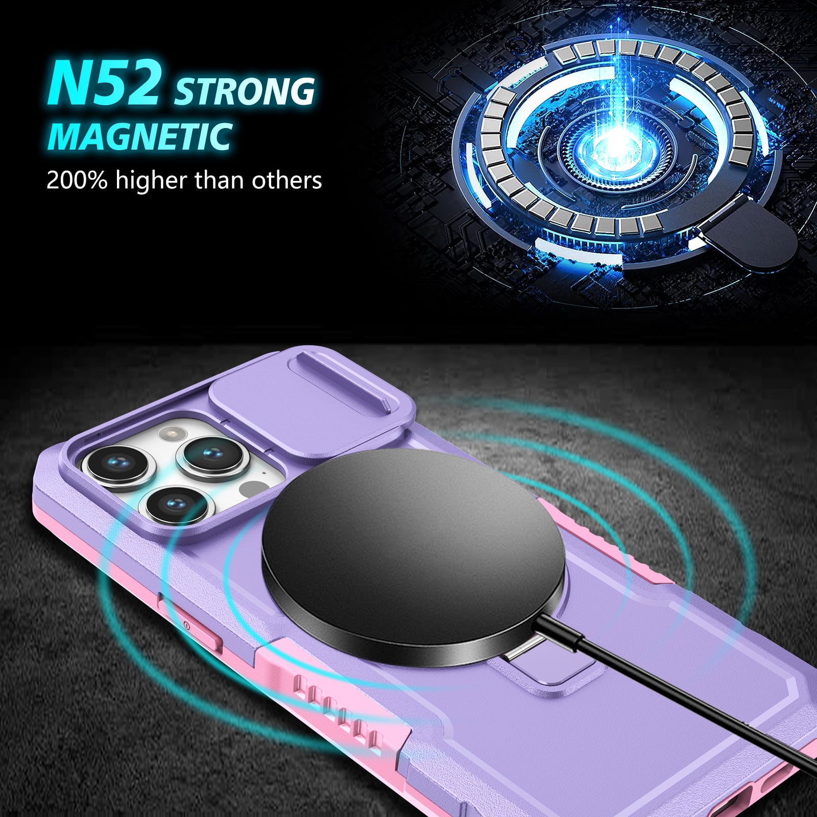 Dteck Magnetic Ring for iPhone 15 Pro Max Case with Invisible Stand,  Compatible with MagSafe, Military Grade Drop Protection Heavy Duty  Shockproof Bumper Protective Case for iPhone 15 Pro Max,Pink 