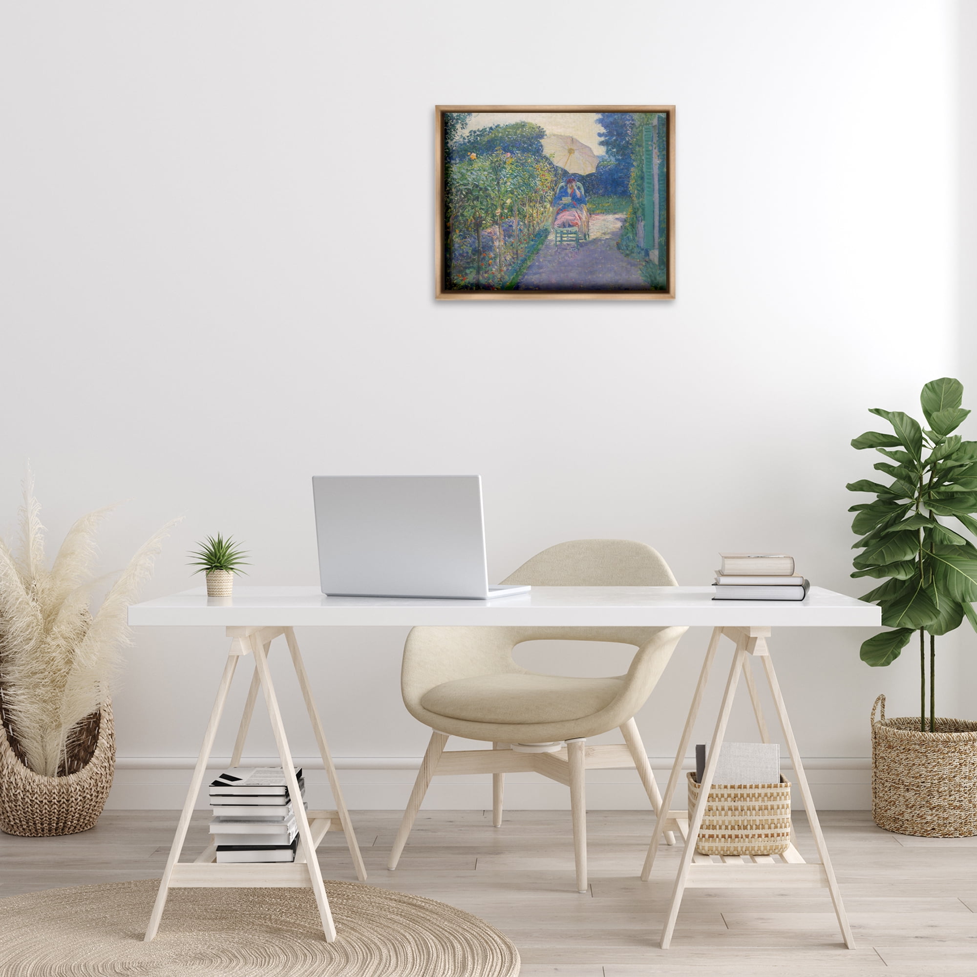 Stupell Industries Classical Woman in Garden Landscape & Nature Painting Brown Floater Framed Canvas Art Print Wall Art, 21 x 17