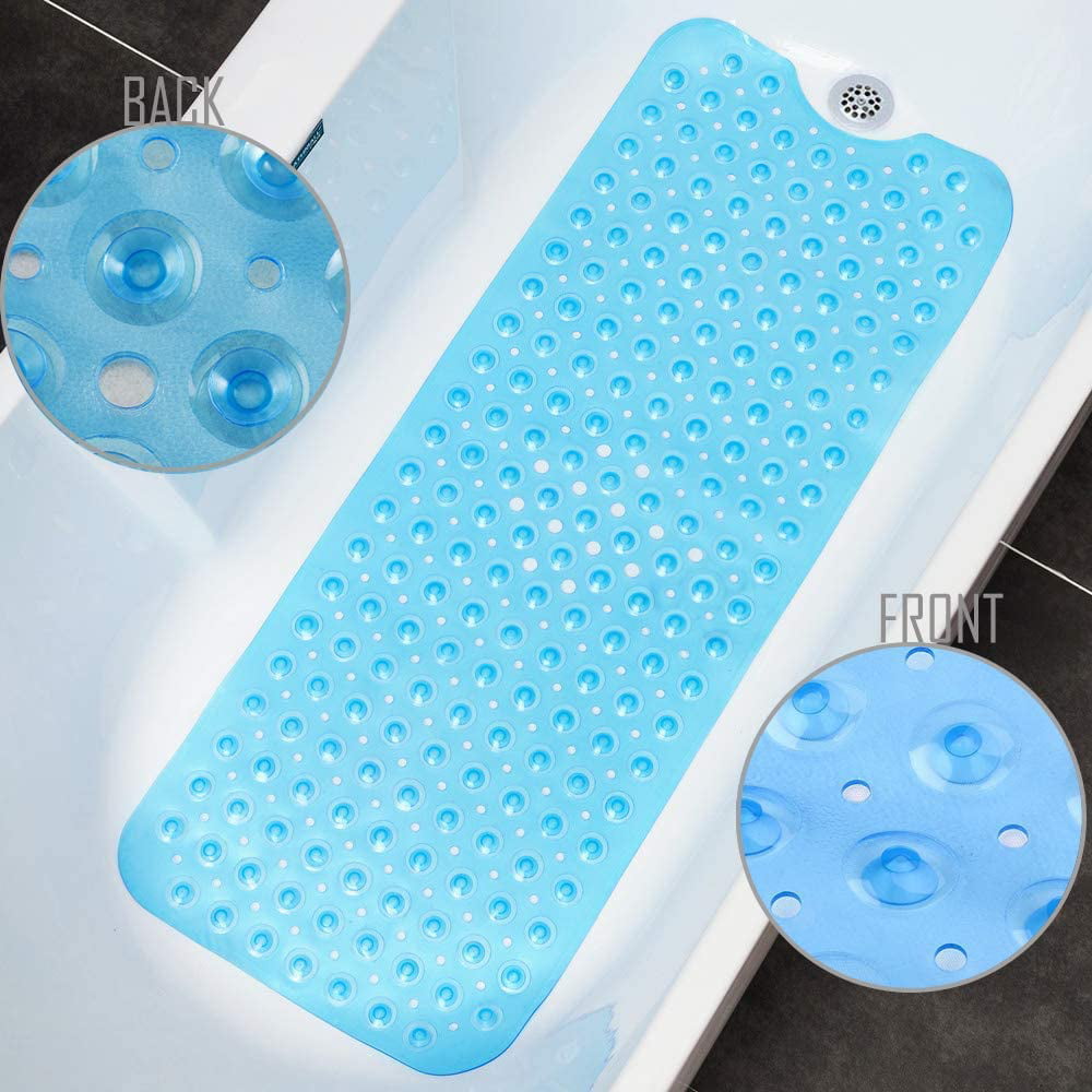 Blue Machine Washable 16x40inches Bligli Extra Long Bathtub Mat with Strong Suckers Non Slip Bath Mat and Shower Mat for Bathroom