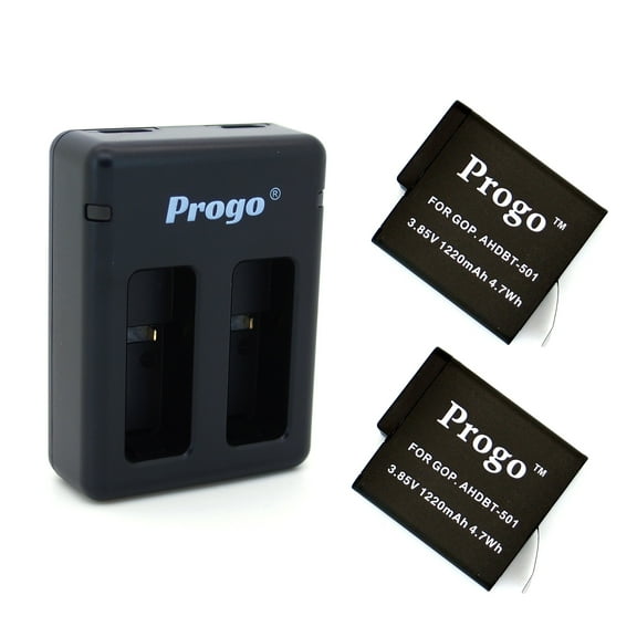 Progo® 2 Replacement Batteries and Dual Channel USB Charger for GoPro HERO5 HERO5 Black and GoPro AHDBT-501, AABAT-001, 601-10197-000 Battery