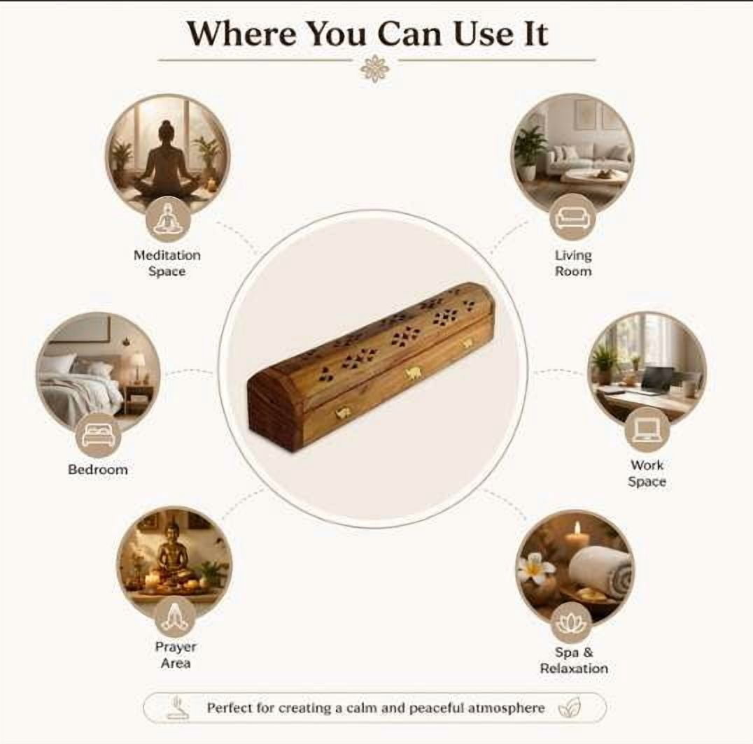 Sheesham Wooden Incense Holder Box with Ash Catcher – Decorative Storage Design with Multiple Slots – Long Box Style for Home, Office & Meditation Space