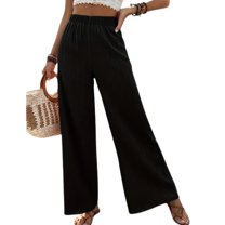 SWSMCLT Women's Casual Wide Leg Pants Flowy Elastic Light Casual Baggy Trendy Long Beach Pull On Ankle Palazzo Black Medium