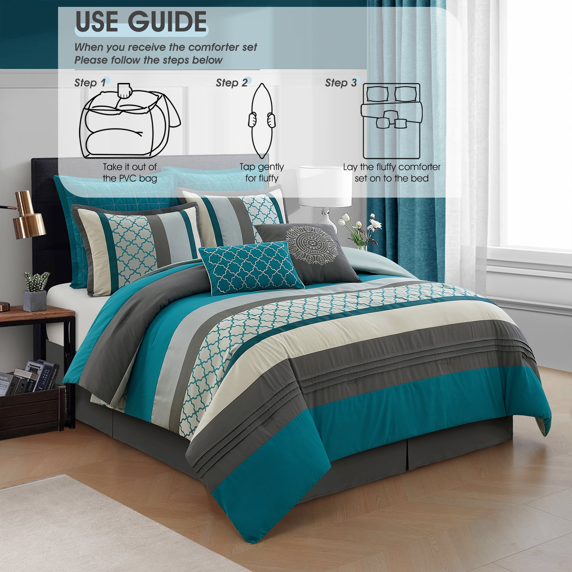 LANCO MODERN LIFESTYLE Queen Comforter Set, Grey Bedding Set, Jacquard Woven with Geometry, 16 Pieces Room in a Bag, Sheets, Bedskirt, Pillow Shams and Cases, Decor Pillows and Curtains