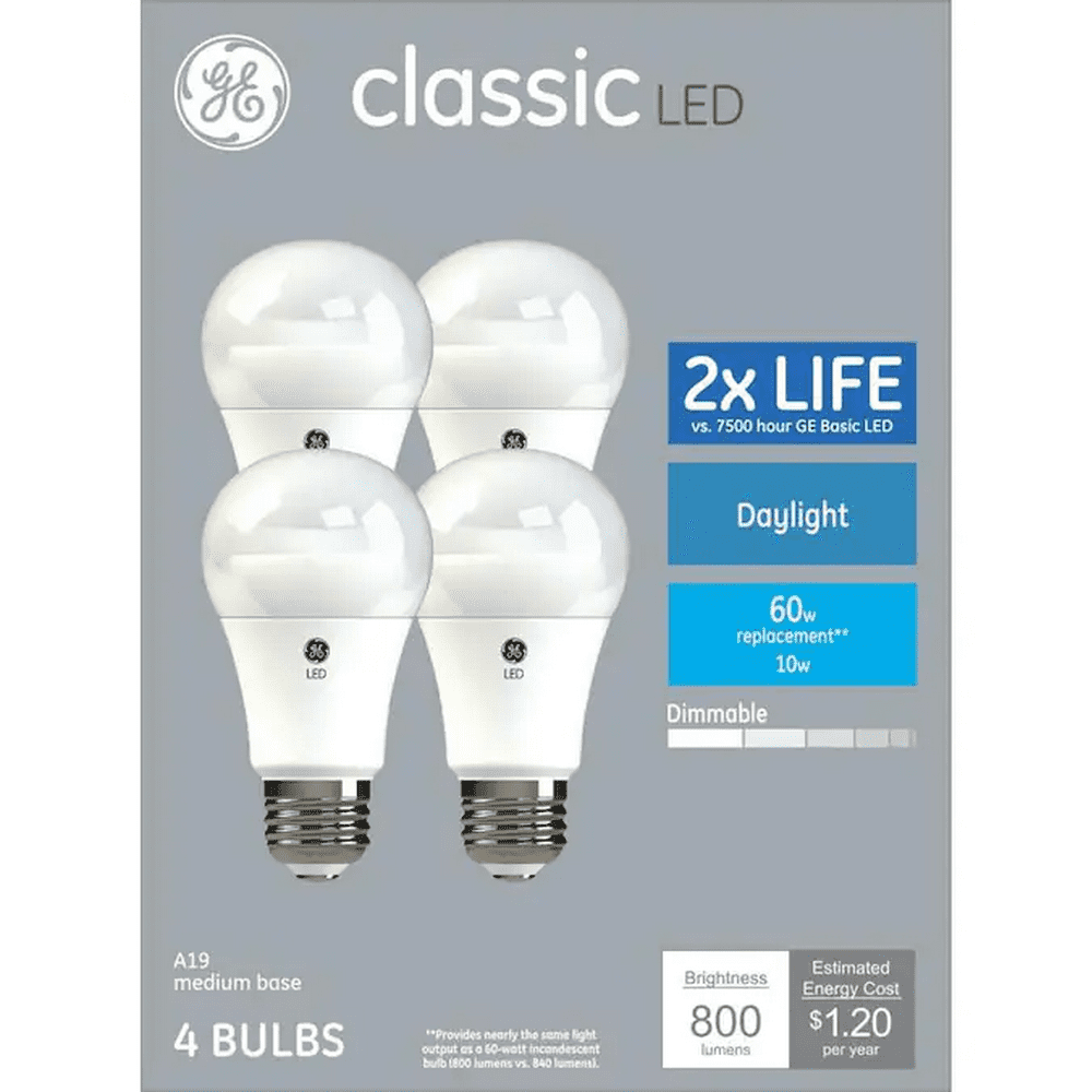 GE classic LED 60 watt equivalent A19 Daylight Dimmable LED light bulbs (4 pack)