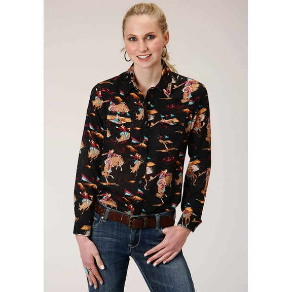 Roper Womens Long Sleeve Snap Retro Rodeo Print Western Shirt Western Shirt