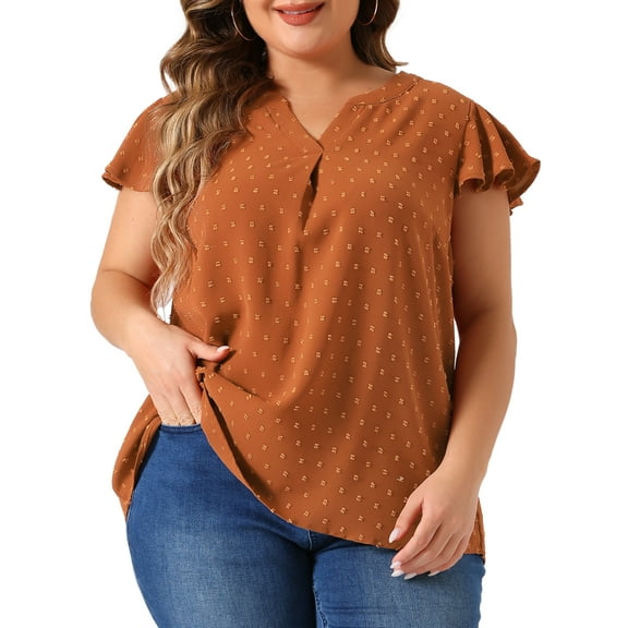 DARING DIVA Women's Plus Swiss Dots Notched Neck Ruffle Sleeve Top 1X Caramel