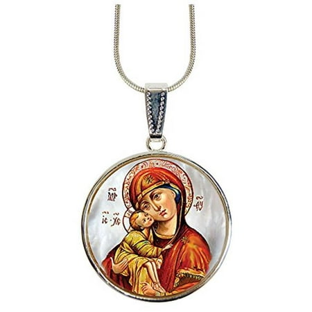 GDeBrekht 43011D1 Holy Virgin Mary Of Vladimir Silver-Plated Mother-Of-Pearl Cabochon Pendant Chain, Round
