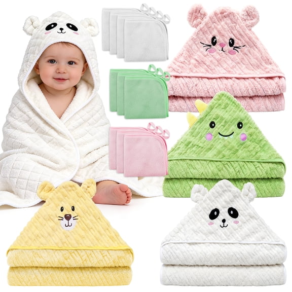 14 PCS Baby Bath Towels Set, 4 PCS Soft Hooded Baby Towels & 10 PCS Washcloths, Bath Towels for Newborns, Infants & Toddlers, Ultra Absorbent, Cute Baby Towel Gift for Girls