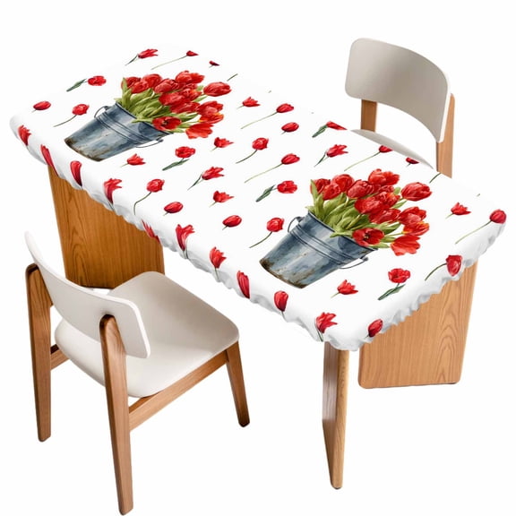 Red Tulip Flowers Table Cloths for 3 Foot Rectangle Tables, Spring Floral Vintage Drum Rustic Patio Waterproof Elastic Fitted Tablecloths, Washable Rectangular Table Cover for Camping
