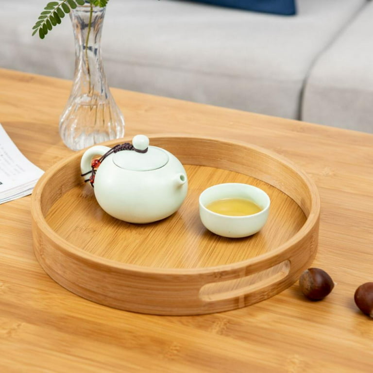 Bamboo Wood Round Tray w/ Handles, Tea & Coffee Table Decorative Serving  Tray Food Storage Platters for Serving Beverages & Food on Bar Living Room 