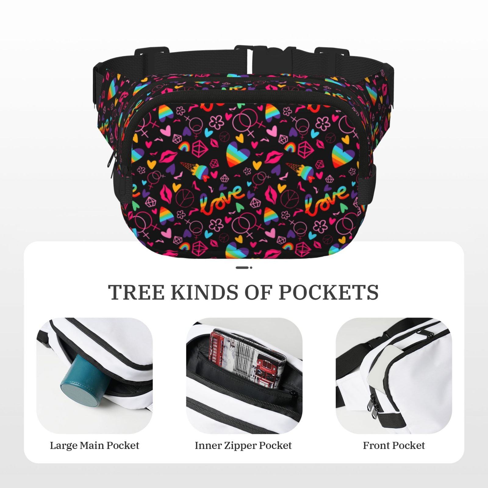 Picia Lgbt Rainbow For Pride Print Square Double-Layer Waist Bag Mini Adjustable Waist Belt Bag Exercise Running Travel Hiking