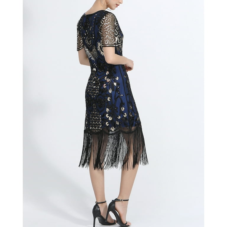 Whitewed Fringe Sequin Art Deco Beaded 1920's Flapper Style Wedding Guest Dresses, Women's, Size: 16, Blue
