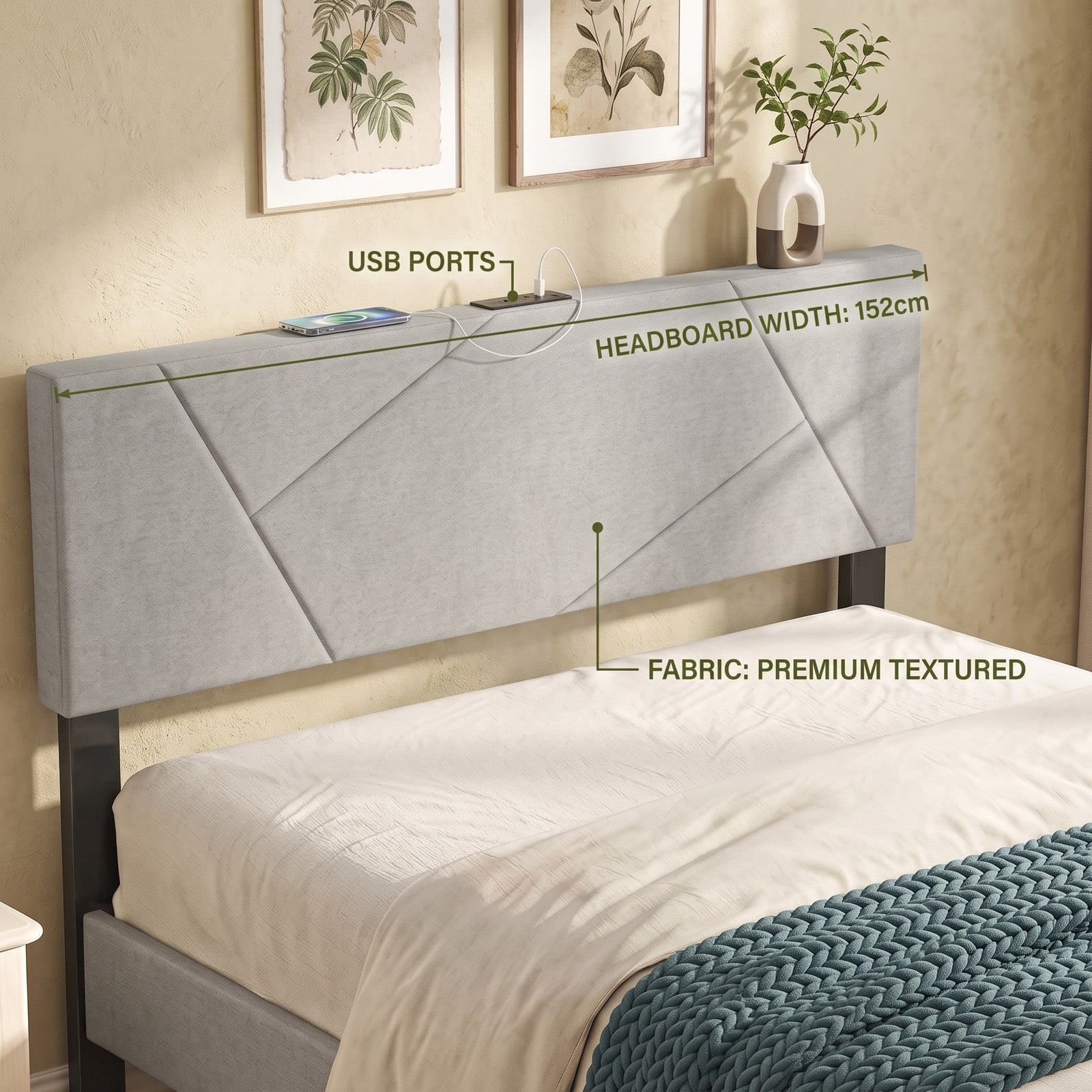 Furnibear Geometric Channel Upholstered Headboard with 2 AC Outlets and USB and Type-C Ports for Full and Queen Beds, Gray