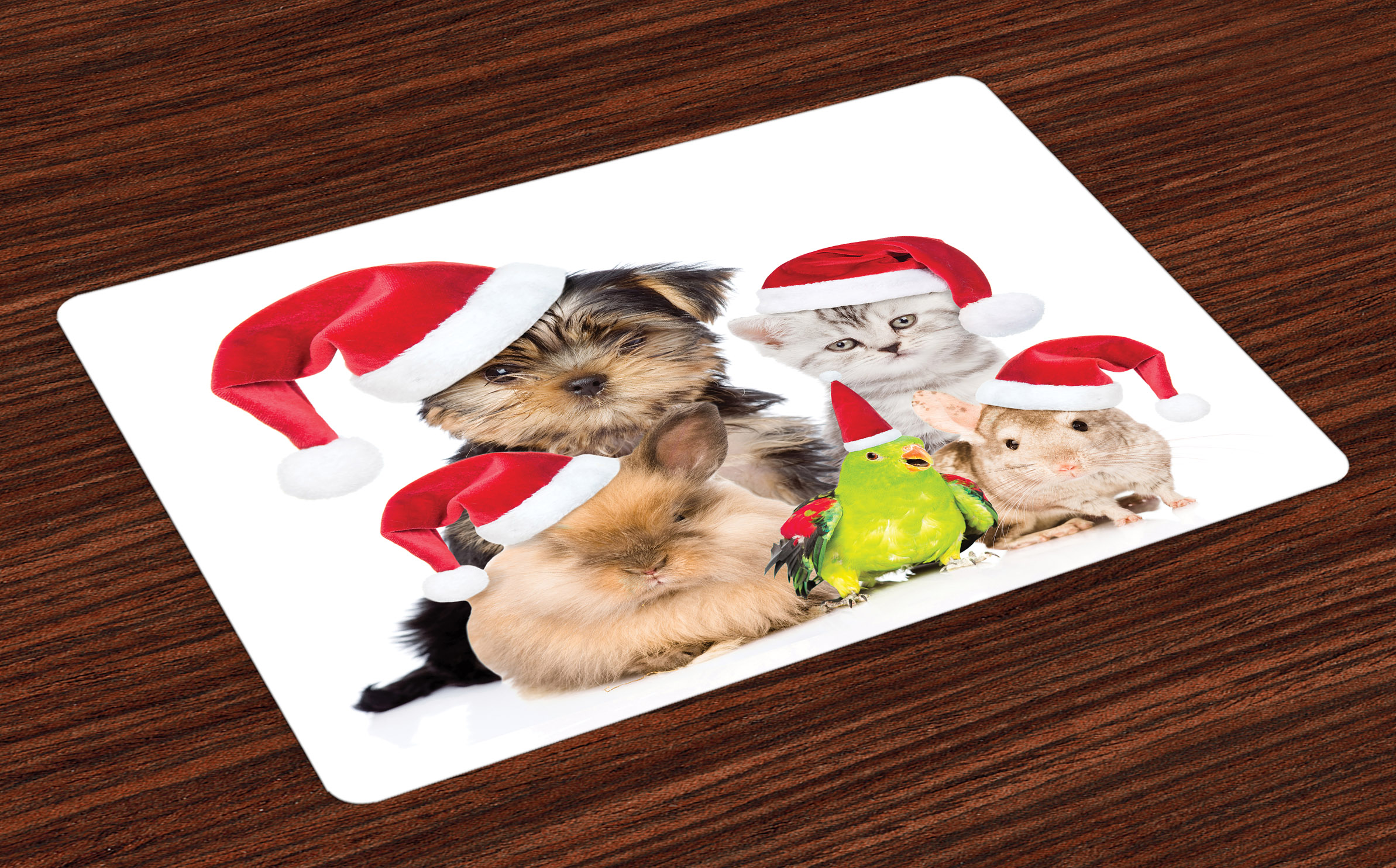 Christmas Placemats Set of 4 Xmas Crew Cat Dog Bird Mouse and Rabbit