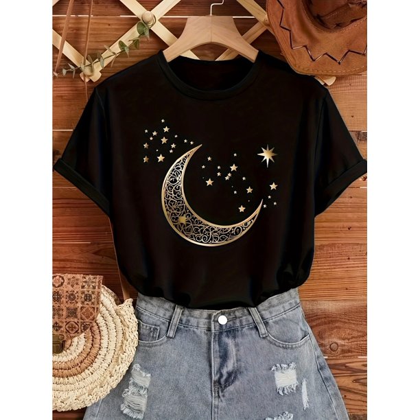 Elegant Sun & Moon Print Crew Neck T-Shirt for Women, Cotton Knit Fabric, Short Sleeve Regular Fit Top wjavascript:ith Applique Detail, Slight Stretch Pullovers for Spring/Summer/Fall