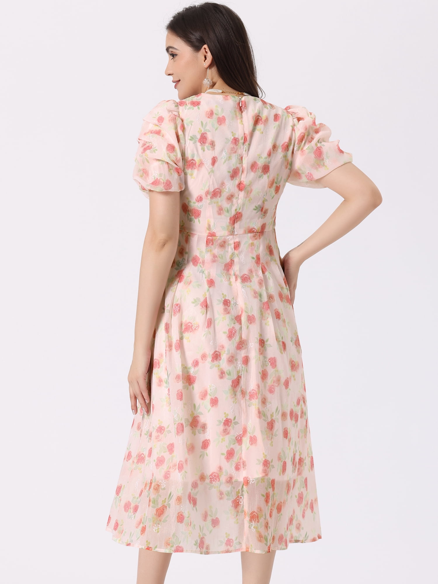 DARING DIVA Organza Dress Puff Floral Print Dress L Pink
