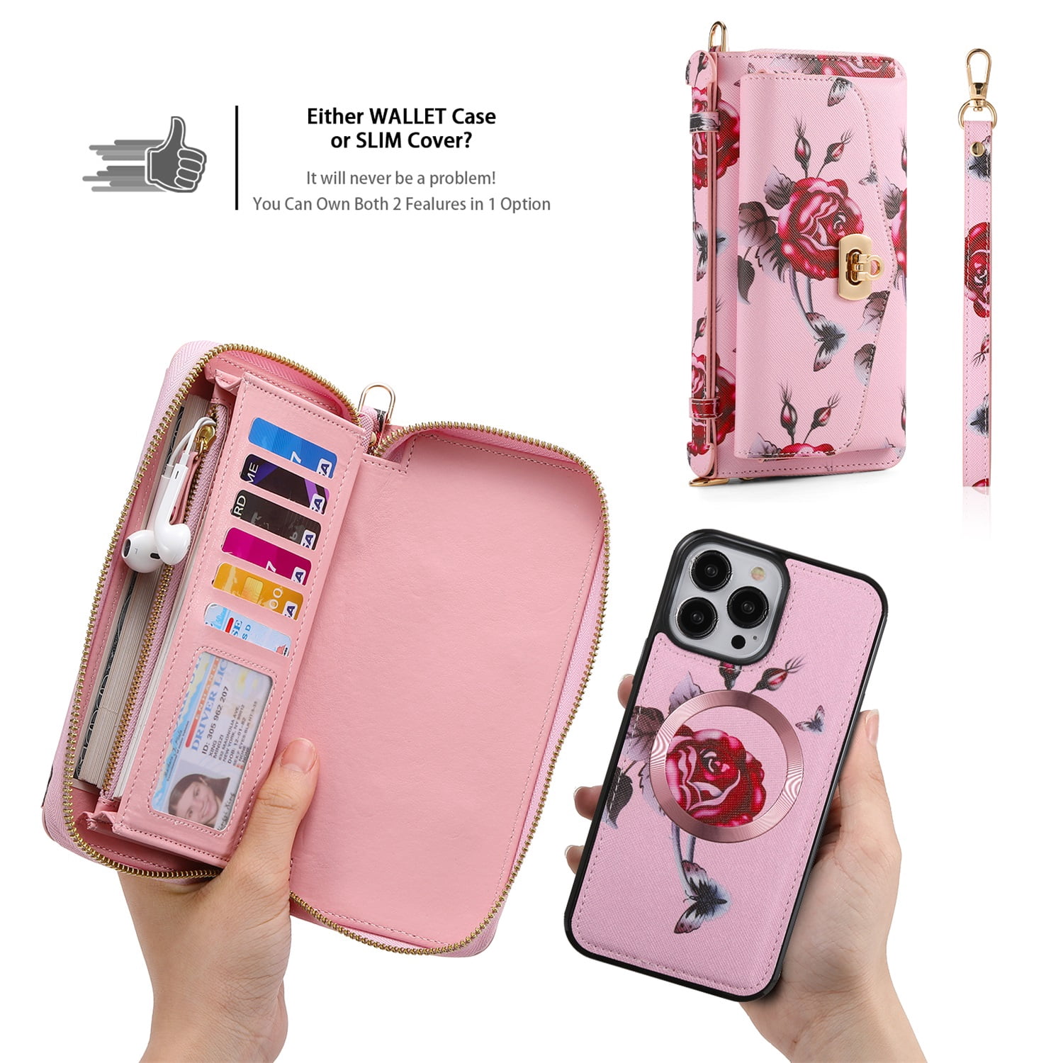 SaniMore Magnetic Detachable Wallet Case for iPhone 13 Pro Max, Flower Pattern RFID Blocking Cover Support Wireless Charging Card Slot Shoulder & Wrist Strap 360° Full Protective Shell, Pink