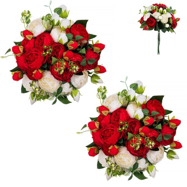 Peony Artificial Flowers 8 Bunches White and Red Silk Peonies Flower