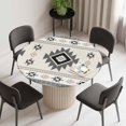 thumbnail image 2 of Gray Beige Boho Round Fitted Tablecloth with Elastic Edge, Waterproof Table Cloth Table Cover for 55"-60" Tables, Ethnic Tribe Southwestern Vintage Tablecloths for Dining Picnic Indoor Outdoor, 2 of 9